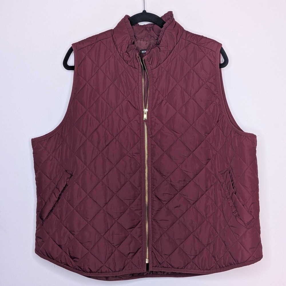 J. Crew Mercantile Ruffle Collar Full Zip‎ Quilted Puffer Vest Burgundy 3X Plus